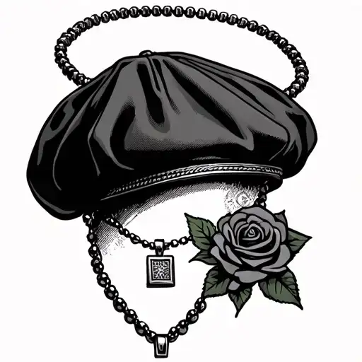 flat cap and necklace with a square pendant with a rose buf tattoo design idea