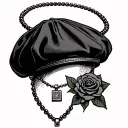 flat cap and necklace with a square pendant with a rose buf tattoo design idea