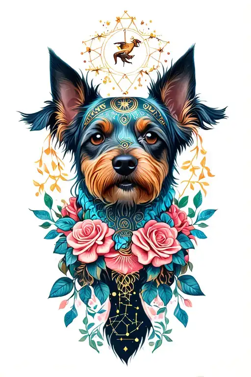 alebrije dog made of roses and honeysuckle, with a sagittarius constellation  tattoo design idea