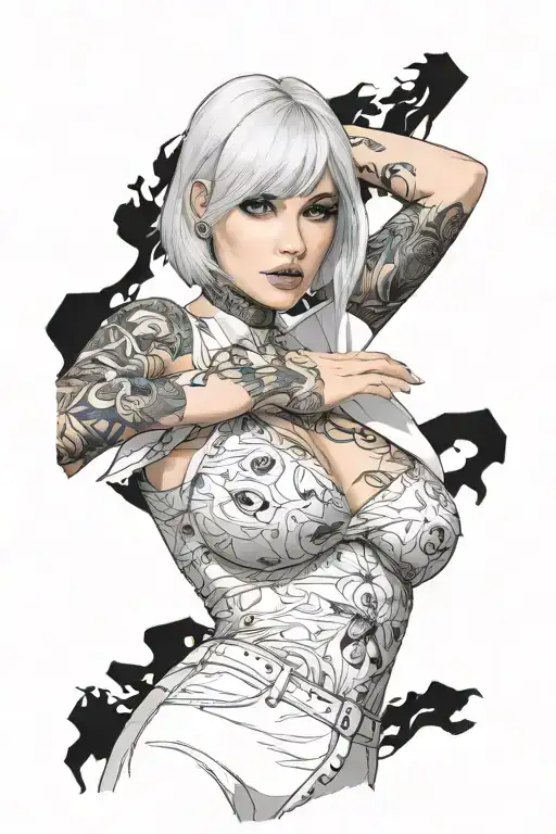 Sexy girl, Huge boobs, cleavage, petite, pure white eyes, torn clothing, short white bob hairstyle, waist up view  tattoo design idea