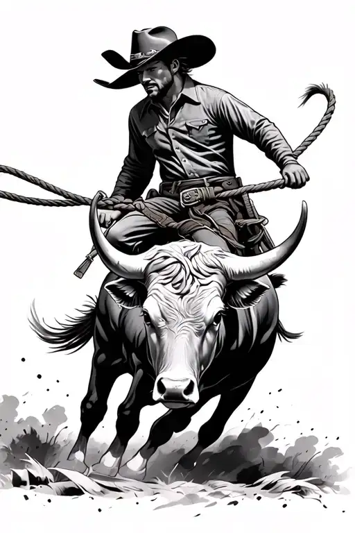 bull rider on a bull surrounded by lasso rope with 8 seconds glory or grave tied in  tattoo design idea