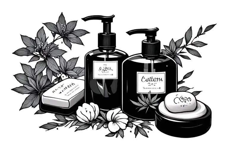 Japanese style tattoo with soap bar and soap bottle with bamboo cap tattoo design idea