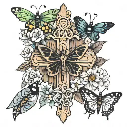 christian wooden cross a butterfly and a dragonfly and a ladybug around the cross tattoo design idea