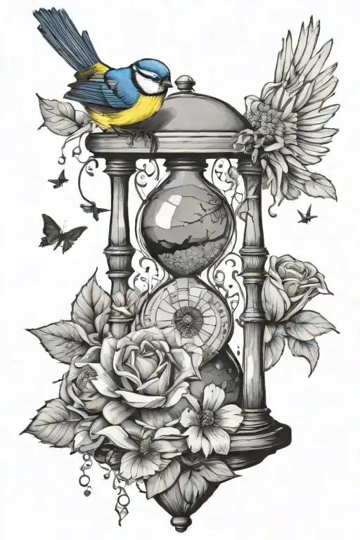 hour glass with sand wither, one blue tit, one daisy, one rose, and with three scrolls over tattoo design idea