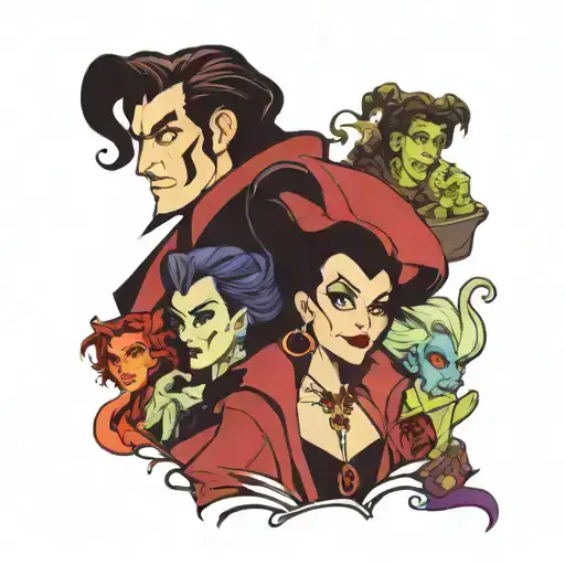 Captain Hook Cruella de Ville Evil Queen Hades Lady Tremaine Maleficent Ursula Gaston Jafar Mother Gothel Scar Yzma Sher tattoo design idea
