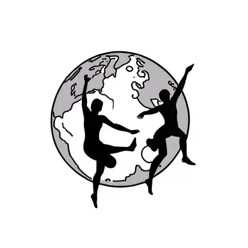 earth with two stick figures dancing, one male dancer right side up and one female  dancer upside down tattoo design idea