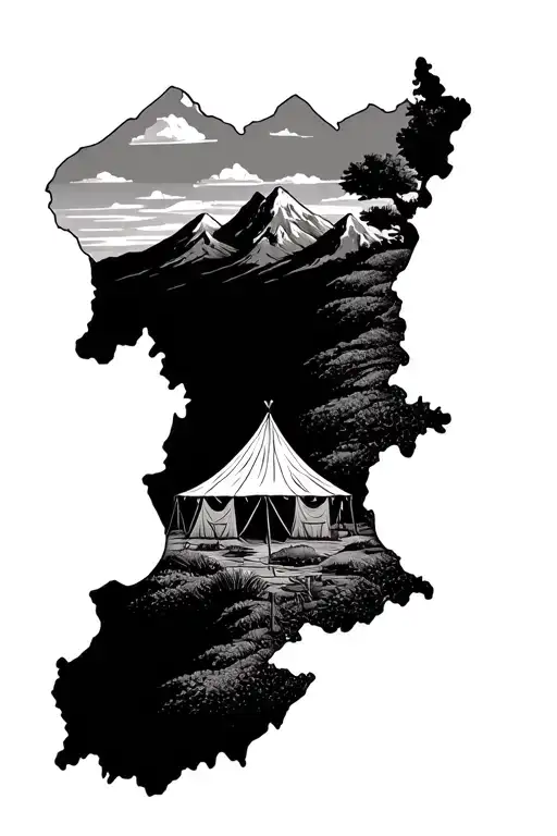 Blackwork  topo map, bold center scene with tent + mountains for cover-up, clean contour lines. tattoo design idea
