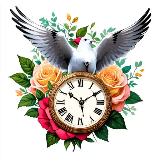 clock face, dove flying, rose near wrist tattoo design idea