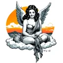 40's round-faced, black-haired female angel sitting on a cloud and crocheting a scarf happily, sunset, heaven, sake, tat tattoo design idea