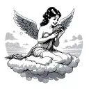 40's round-faced, black-haired female angel sitting on a cloud and crocheting a scarf happily, sunset, heaven, sake, tat tattoo design idea