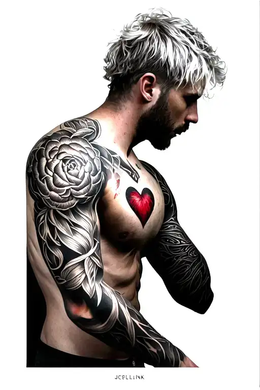 arm sleeve with heart on shoulder men tattoo design idea