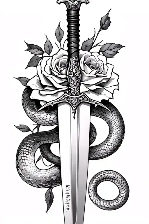 female tattoo on forearm with sword and roses and snake wrapped around the sword with bible verse Isaiah 54:17 on it tattoo design idea
