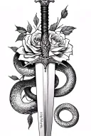 female tattoo on forearm with sword and roses and snake wrapped around the sword with bible verse Isaiah 54:17 on it tattoo design idea