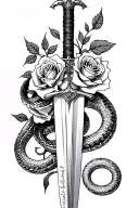 female tattoo on forearm with sword and roses and snake wrapped around the sword with bible verse Isaiah 54:17 on it tattoo design idea
