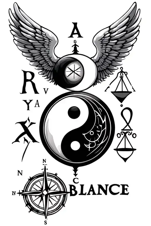 "BALANCE " Give some picture suggestions for tattoo design that have yin Yang and wings and libra zodiac sign and compass all in on tattoo design idea