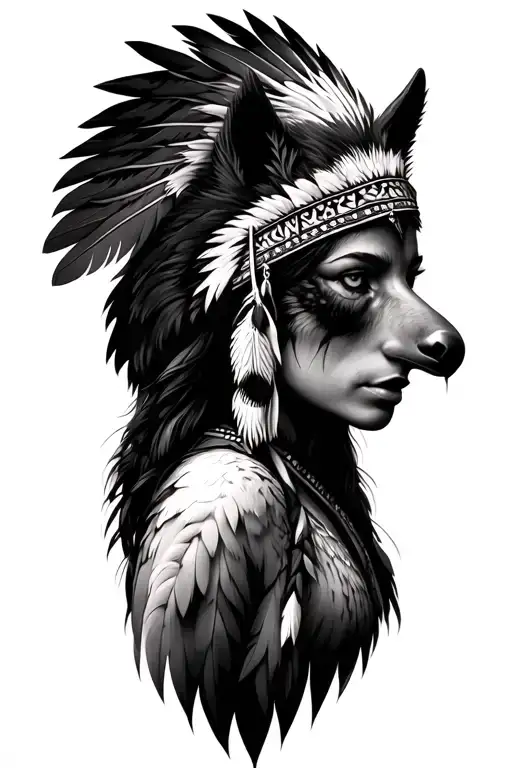 native American woman with eagle feather head dress with a eagle head facing left on the left side and a wolf head facin tattoo design idea
