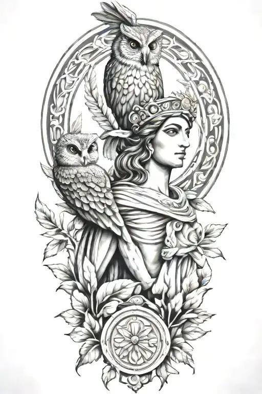 athena greek goddess with owl and parthenon and olive branch tattoo design idea