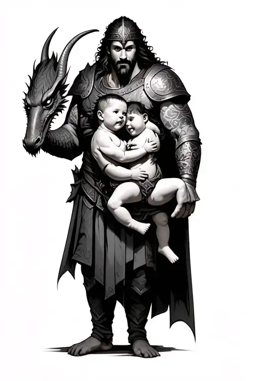 viking warrior with baby with dragon wrapped tattoo design idea