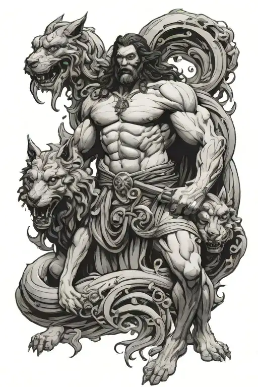 hades holding cerberus tattoo design idea