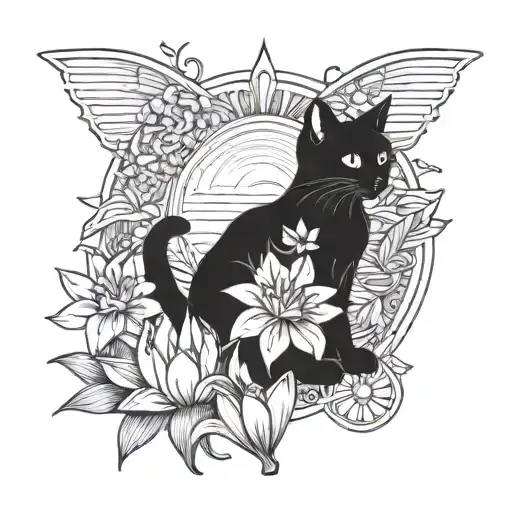 black cat, daffodil, water lily, sun and moon  tattoo design idea
