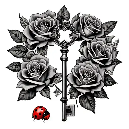 a old fashioned key in the center surrounded by money roses and 3 red ladybugs  tattoo design idea