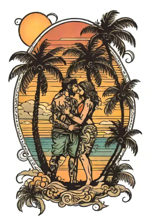 beach palm trees sunset 2 people embracing each other tattoo design idea