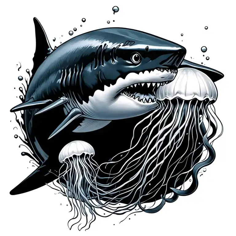 Shark with a jellyfish swimming together tattoo design idea