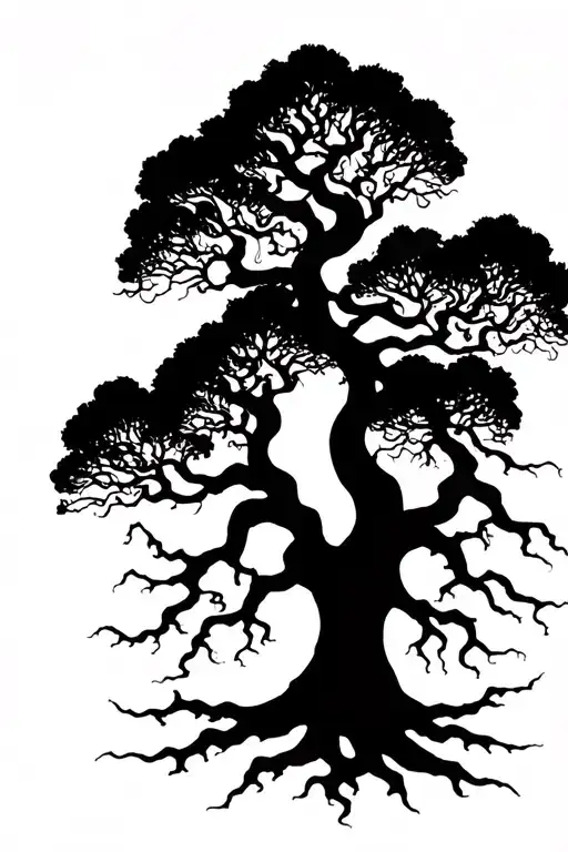 yggdrasil tree silhouette, long roots and branches tattoo design idea