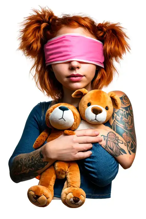 haley williams with a pink googley eye blindfold holdong stuffed animals in her arms tattoo design idea