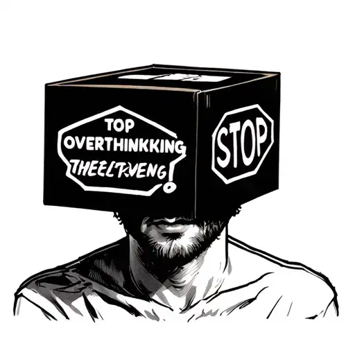 man with box on head saying stop overthinking tattoo design idea