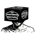 man with box on head saying stop overthinking tattoo design idea
