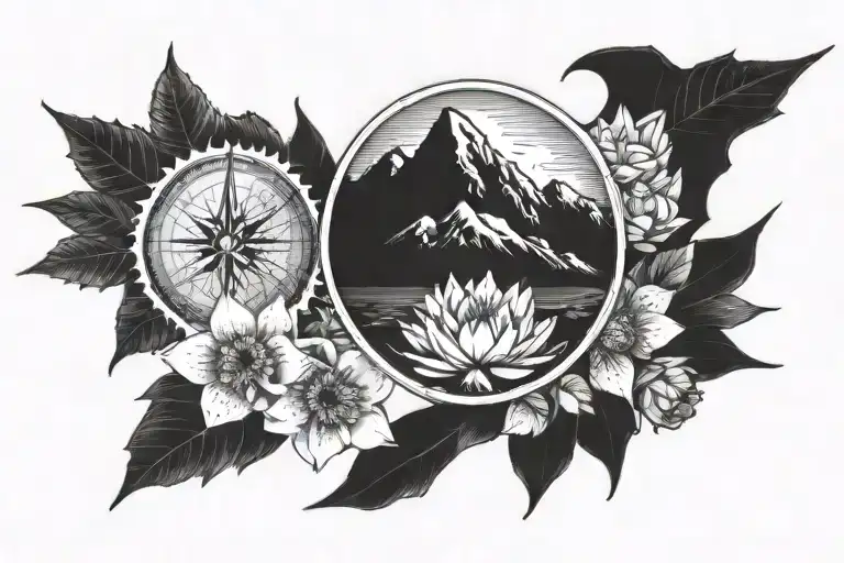 evergreeen trees, cactuses, compass rose, mountains, waterlily flowers, lockspur flowers tattoo design idea