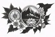 evergreeen trees, cactuses, compass rose, mountains, waterlily flowers, lockspur flowers tattoo design idea