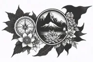evergreeen trees, cactuses, compass rose, mountains, waterlily flowers, lockspur flowers tattoo design idea