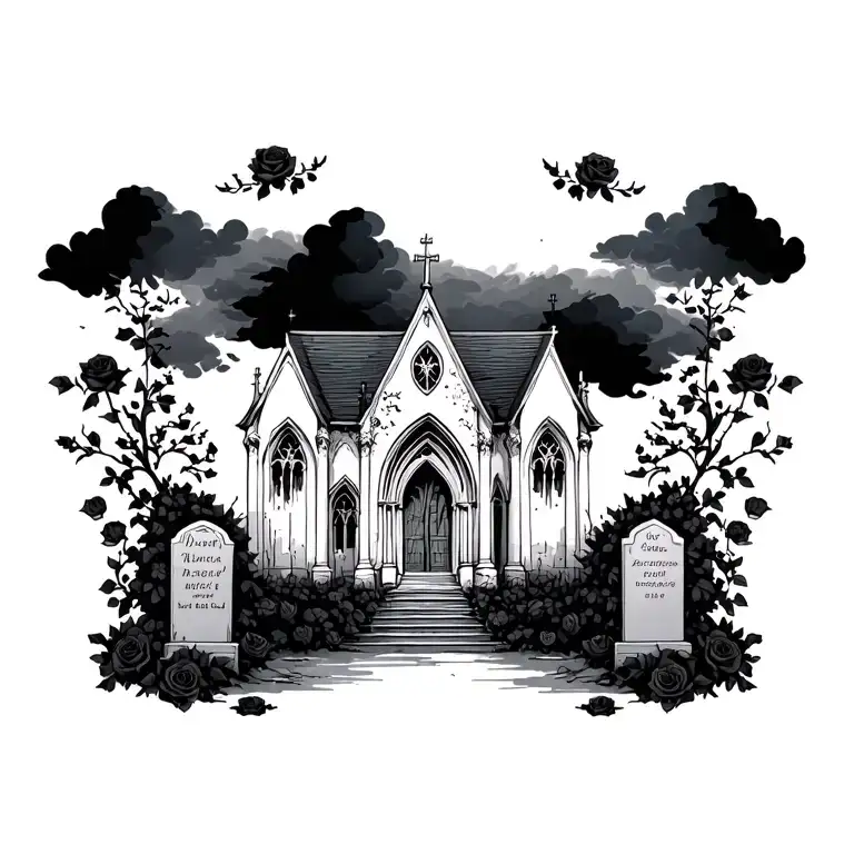 church abandoned with dark clouds and grave stones and black rose bushes tattoo design idea