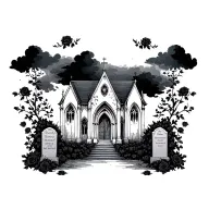 church abandoned with dark clouds and grave stones and black rose bushes tattoo design idea