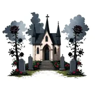 church abandoned with dark clouds and grave stones and black rose bushes tattoo design idea