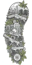 Skyline buildings, pistols, marijuana leaves, text "21 block", chains, gang style tattoo design idea