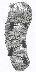 Skyline buildings, pistols, marijuana leaves, text "21 block", chains, gang style tattoo design idea