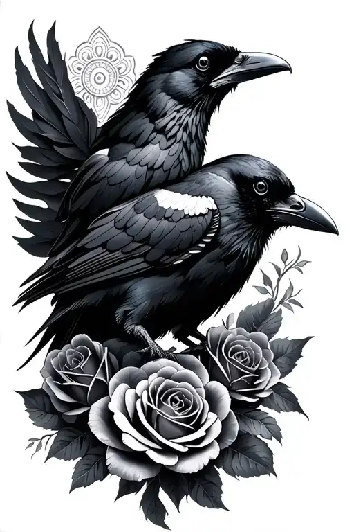 Raven with black and grey roses and a mandala above the raven tattoo design idea
