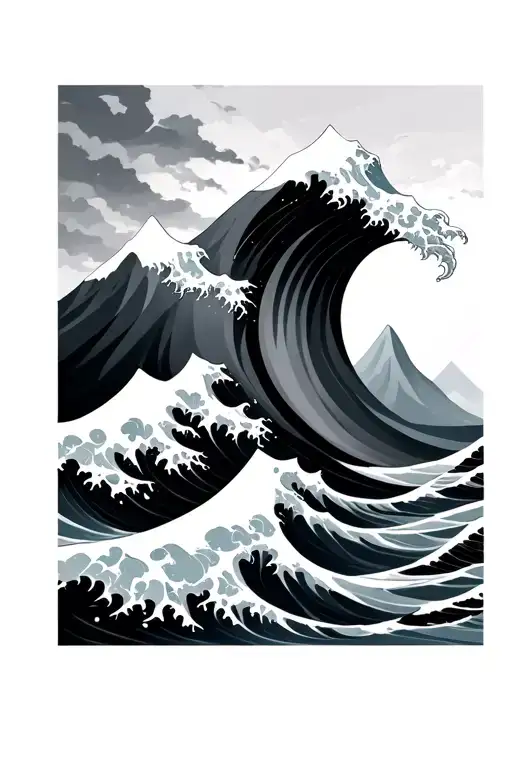 black and grey geometric ocean wave and mountain tattoo design idea