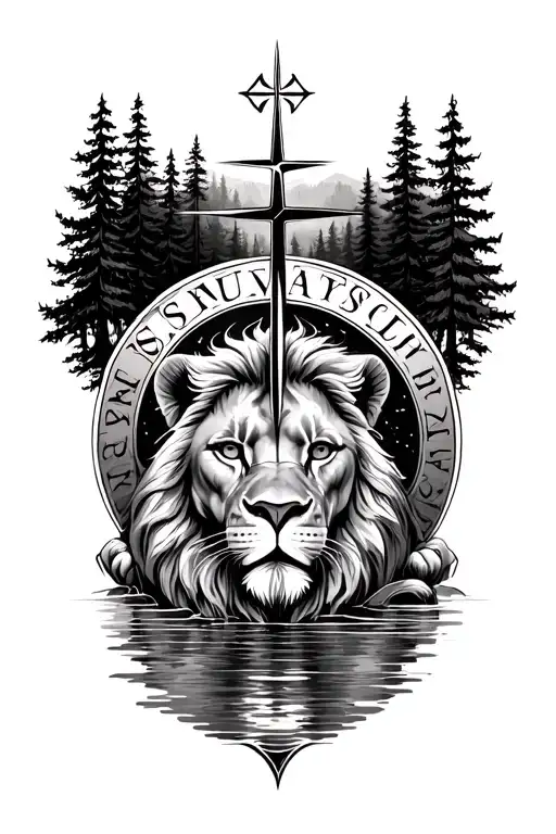 detailed compass rose surrounded by forest on top and lake on bottom incorperate the lion with a cross on its forhead tattoo design idea