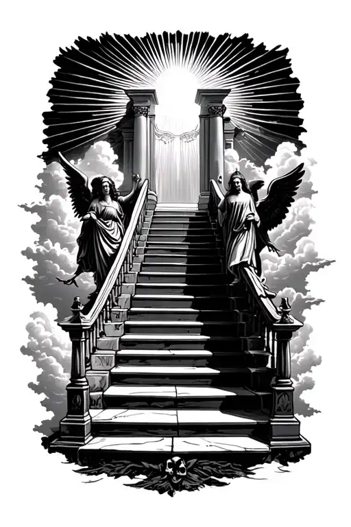 stairway to heaven walking up stairs angels sun rays clouds heaven gate at the top of the stairs skulls at bottom stairs tattoo design idea