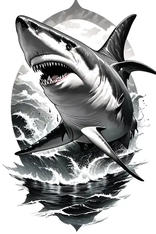 Black and white realistic ocean themed full leg tattoo great white shark being biggest part of the front of the thigh oc tattoo design idea