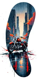 Rainy Cityscape with a harley motorcycle, sunset, clouds tattoo design idea