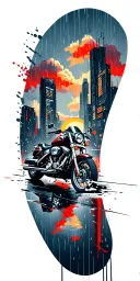 Rainy Cityscape with a harley motorcycle, sunset, clouds tattoo design idea