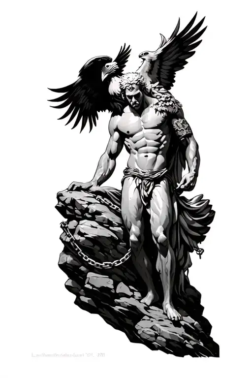 Prometheus chained to a rock with eagle on shoulder tattoo design idea