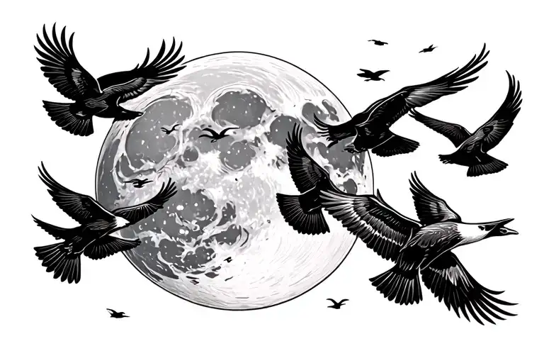 a waxing gibbous with flying birds (representing freedom) tattoo design idea
