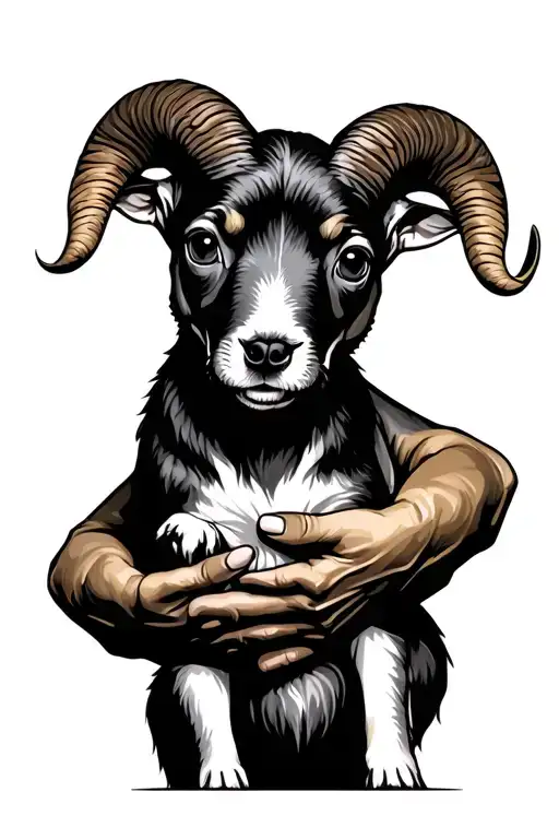 A ram puppy that is held in the arms of death must have a melancholic, sad, but not bad atmosphere tattoo design idea