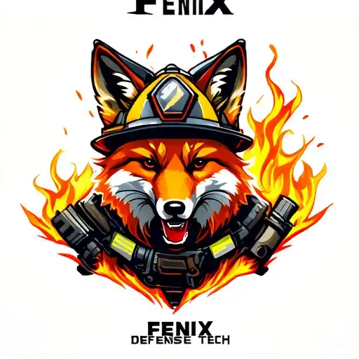 "Fenix Defense Tech" Fox wearing firefighter gear, surrounded by flames tattoo design idea